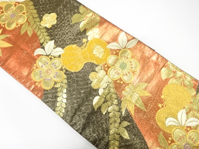 JAPANESE KIMONO / FUKURO OBI FOR FURISODE / SILK / WOVEN DRUM & FLOWRES